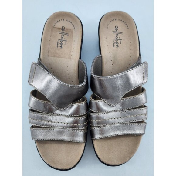 Clarks Women's 8M Lexi Sabrina Sandals Pewter Metallic Leather Slip On Wedge - Picture 2 of 10